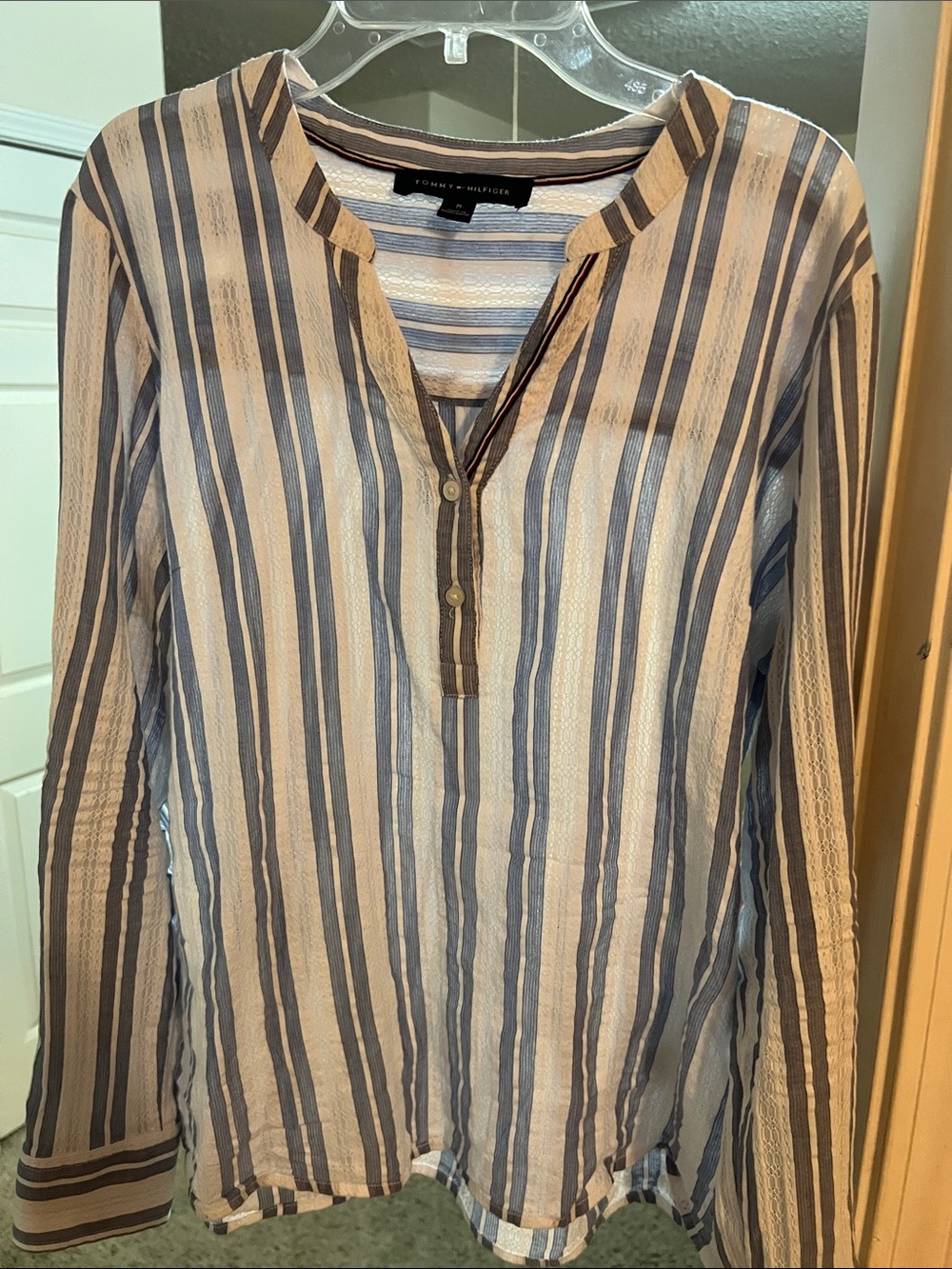 Tommy Hilfiger Blue and Cream Vertical Stripe Casual Button-Down